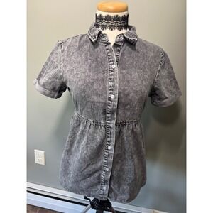 Y2K Grunge Acid Wash Denim Button Down Shirt Dress Short Sleeve Tiered‎ Women XS